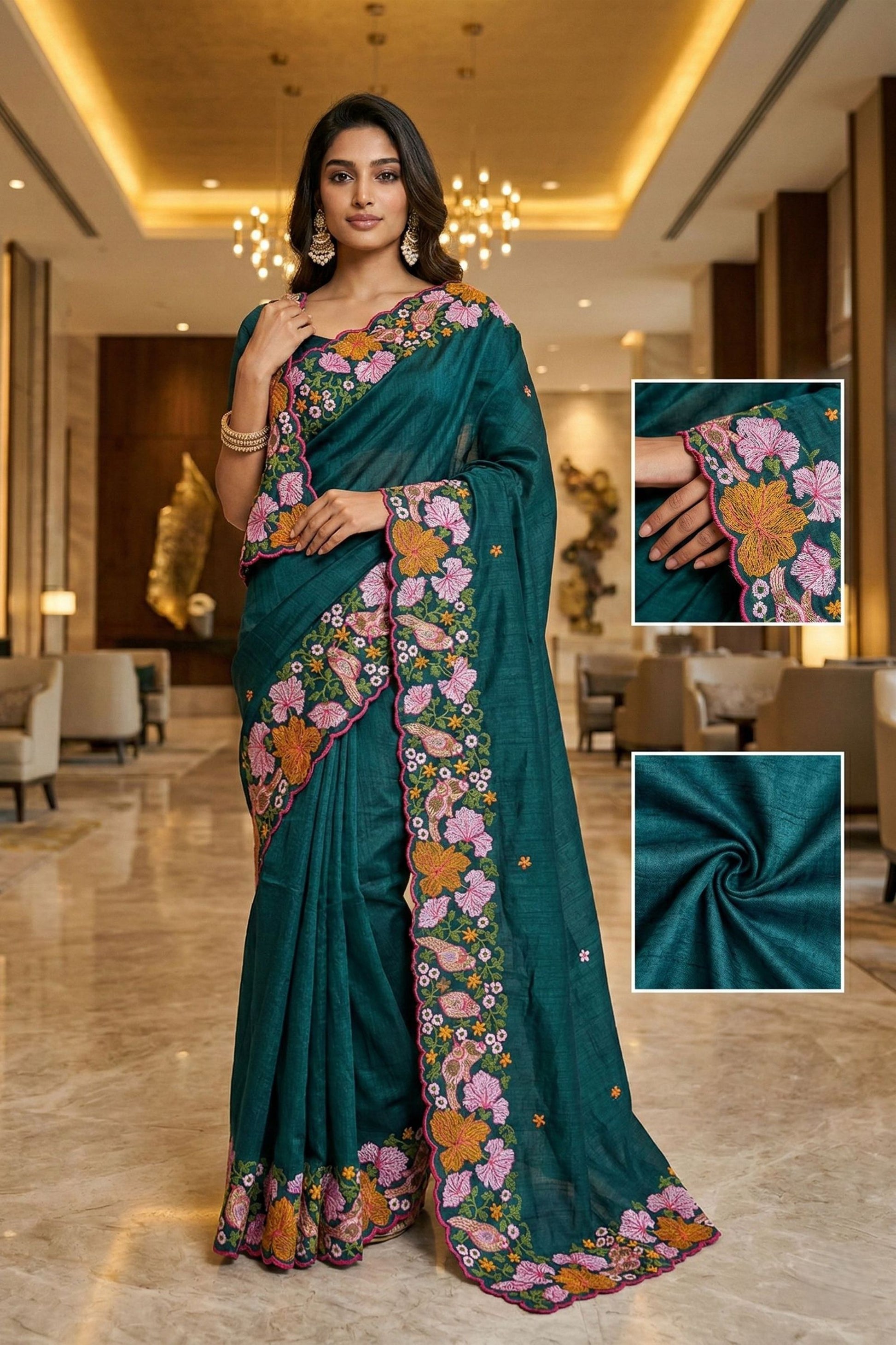 Stylish Teal Blue Manipuri Silk Multi Thread Floral Embroidery Work Saree for Women