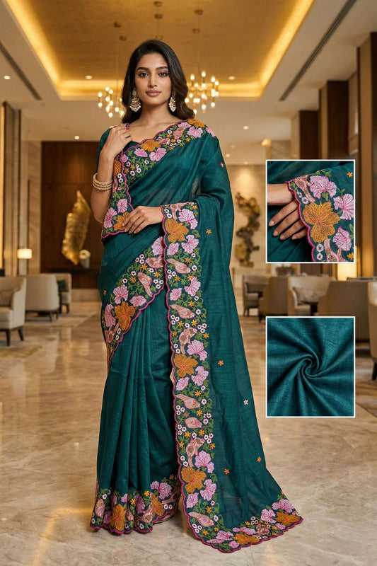 Stylish Teal Blue Manipuri Silk Multi Thread Floral Embroidery Work Saree for Women