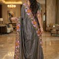 Awesome Charcoal Grey Manipuri Silk Multi Thread Floral Embroidery Work Saree for Women