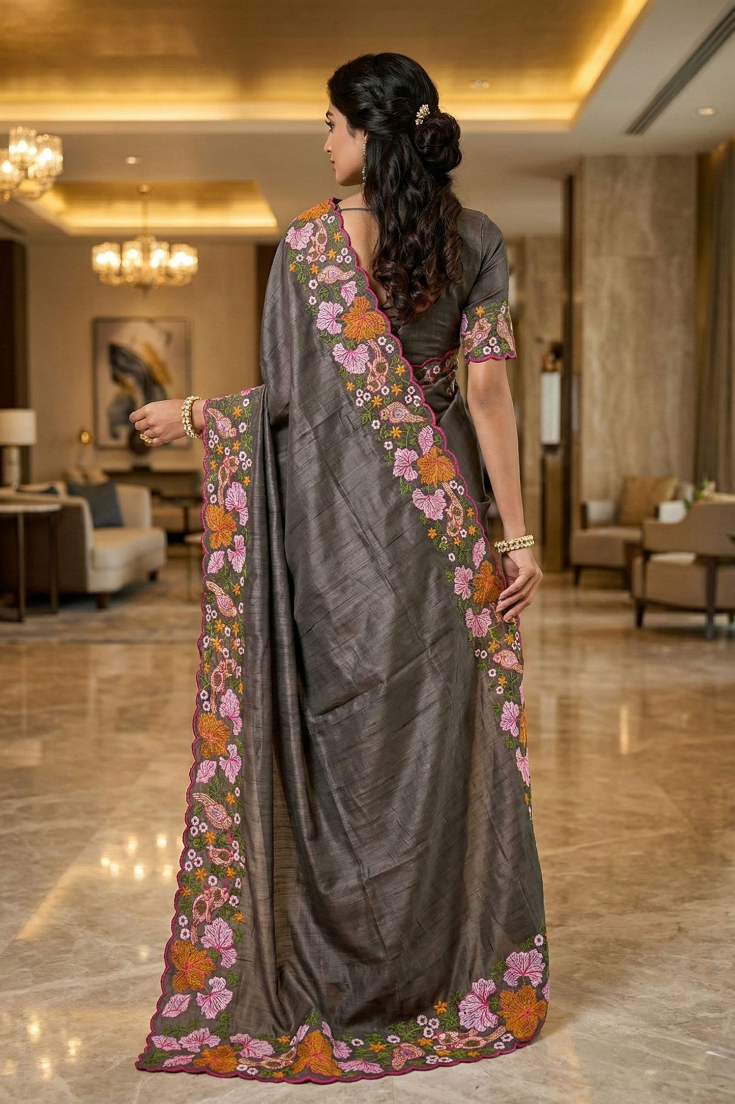 Awesome Charcoal Grey Manipuri Silk Multi Thread Floral Embroidery Work Saree for Women