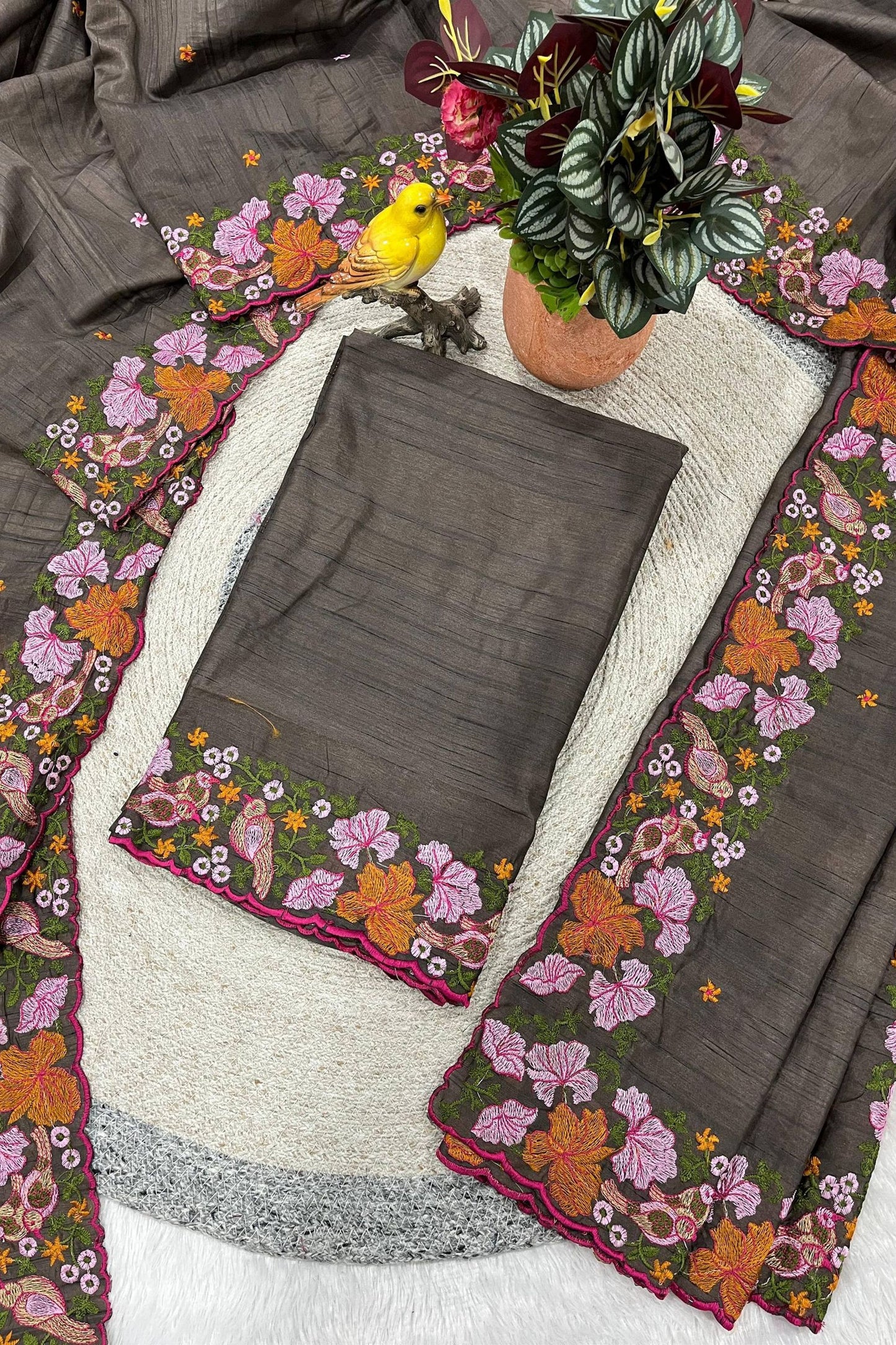 Awesome Charcoal Grey Manipuri Silk Multi Thread Floral Embroidery Work Saree for Women