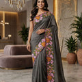 Awesome Charcoal Grey Manipuri Silk Multi Thread Floral Embroidery Work Saree for Women