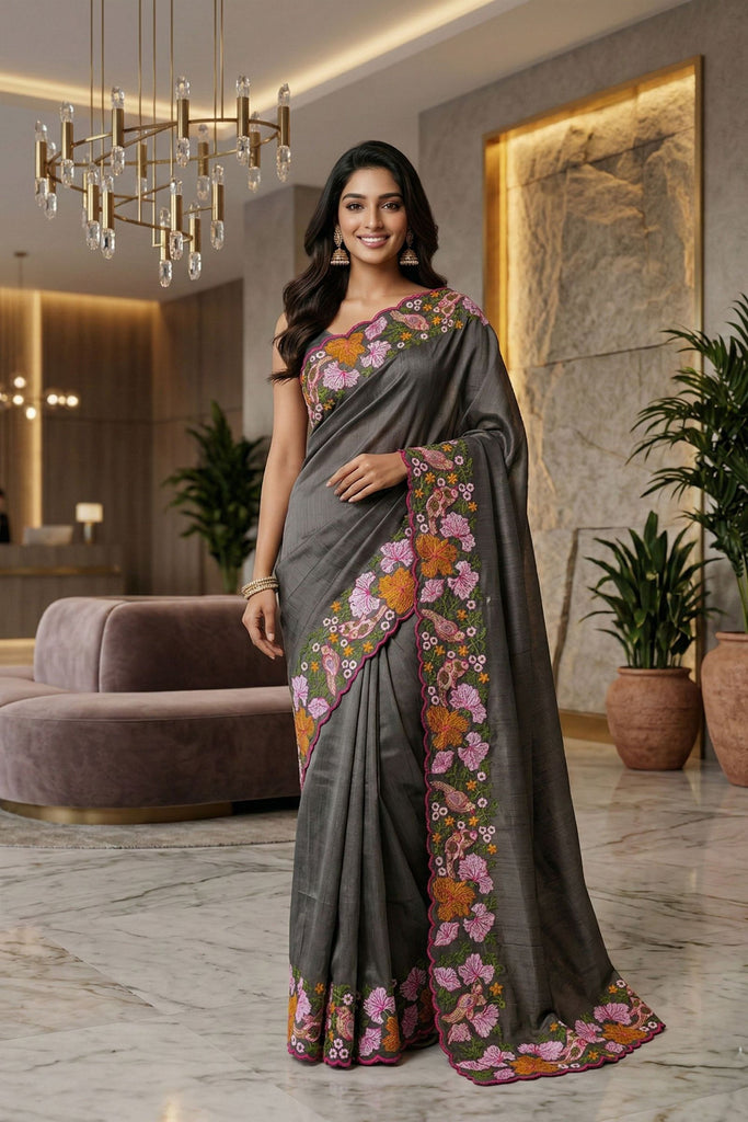 Awesome Charcoal Grey Manipuri Silk Multi Thread Floral Embroidery Work Saree for Women