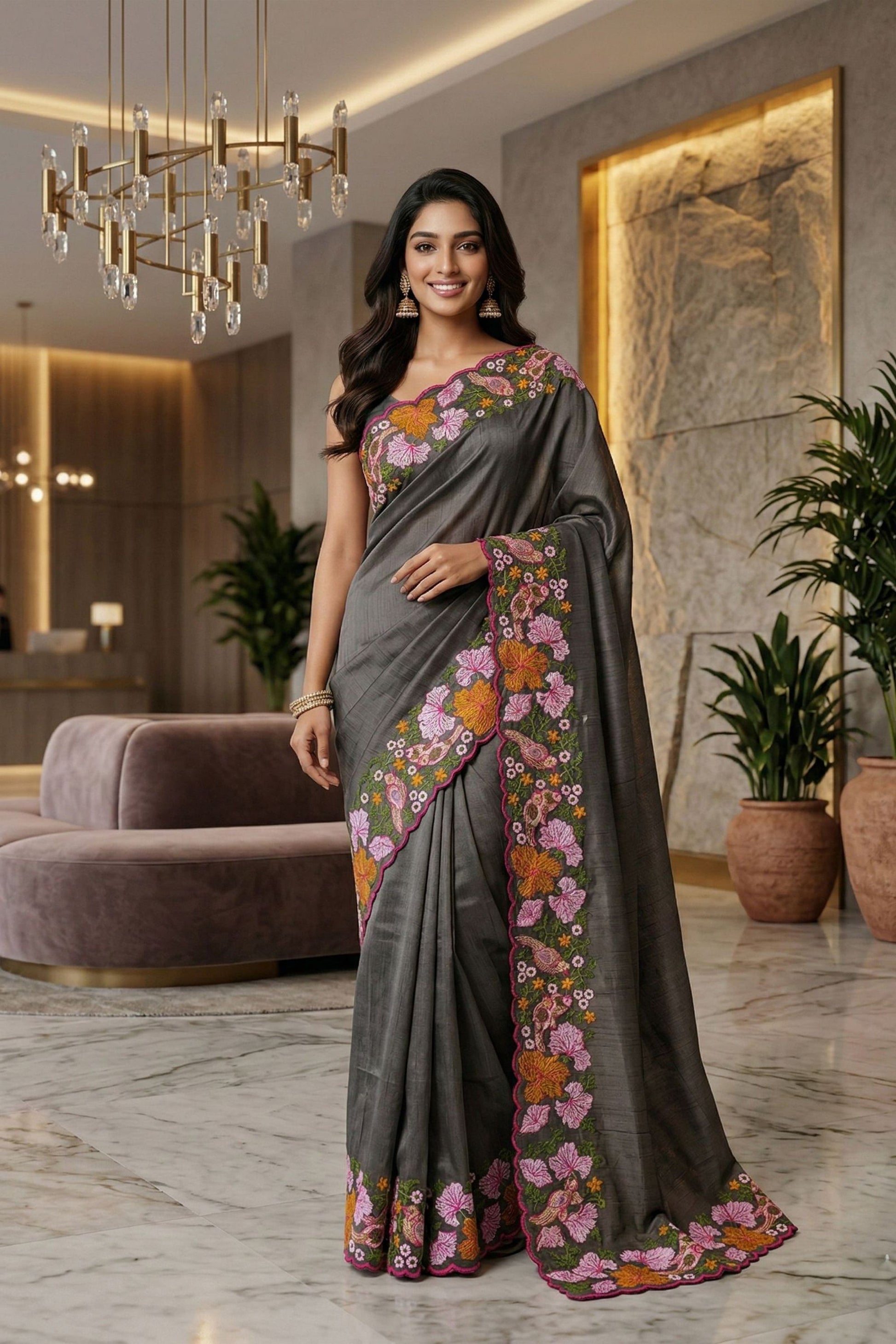 Awesome Charcoal Grey Manipuri Silk Multi Thread Floral Embroidery Work Saree for Women