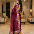 Gorgeous Wine Manipuri Silk Multi Thread Floral Embroidery Work Saree for Women