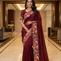 Gorgeous Wine Manipuri Silk Multi Thread Floral Embroidery Work Saree for Women