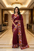 Gorgeous Wine Manipuri Silk Multi Thread Floral Embroidery Work Saree for Women