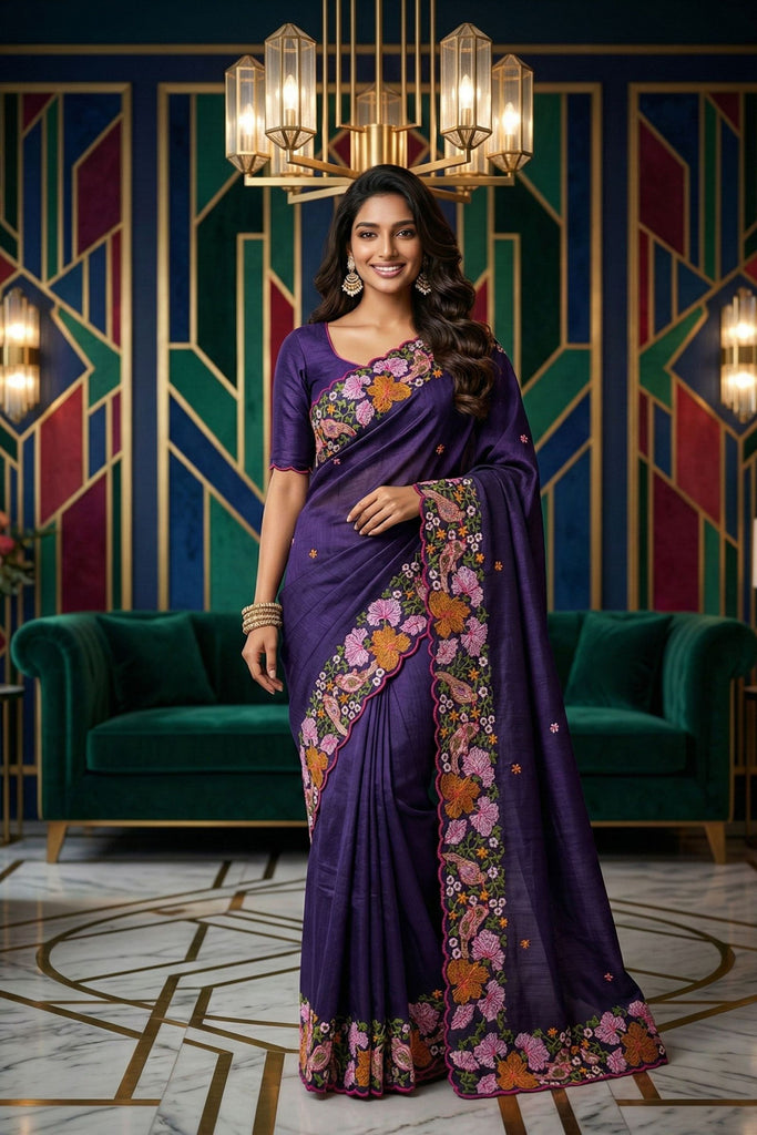 Royal Purple Manipuri Silk Multi Thread Floral Embroidery Work Saree for Women
