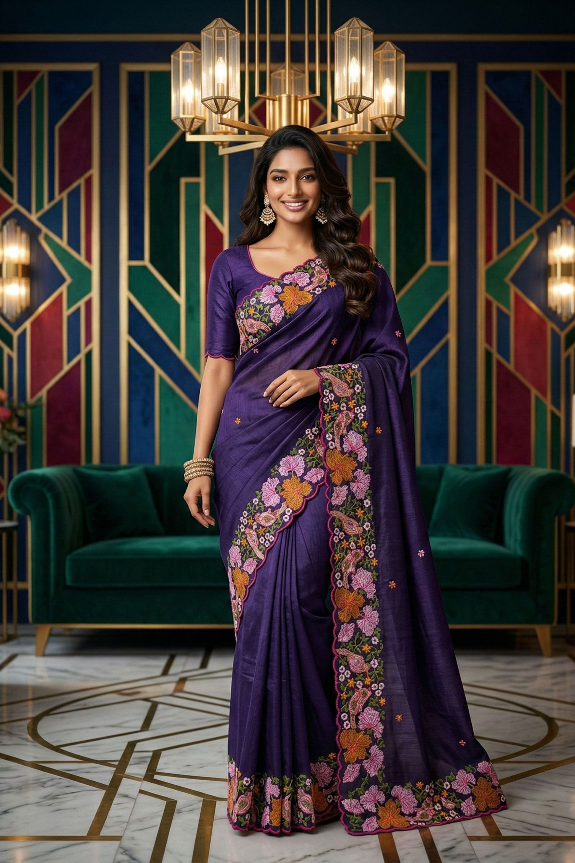 Royal Purple Manipuri Silk Multi Thread Floral Embroidery Work Saree for Women