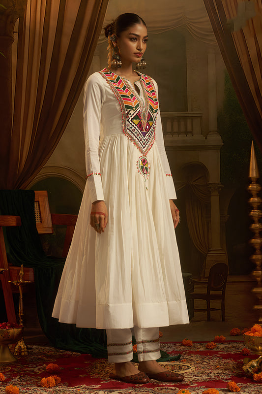 Elegant White Cotton Embroidered Anarkali Suit with Vibrant Kutchi Yoke and Tassels for Women