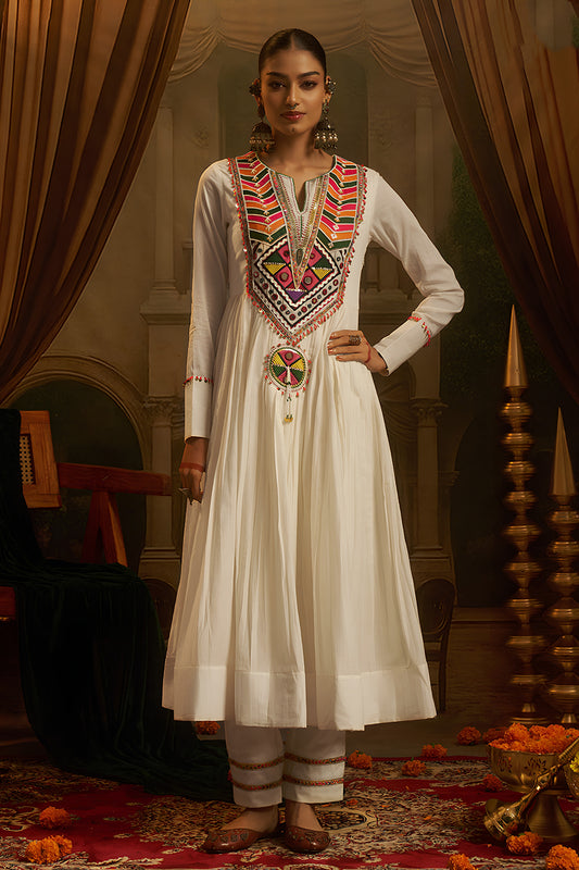Elegant White Cotton Embroidered Anarkali Suit with Vibrant Kutchi Yoke and Tassels for Women