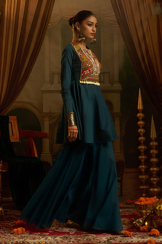 Stylish Teal Blue Cotton Embroidered Sharara Suit with Vibrant Kutchi Yoke and Tassels for Women