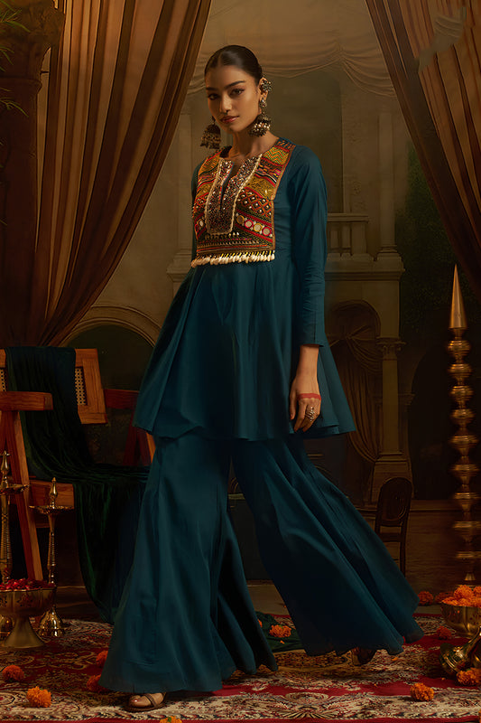 Stylish Teal Blue Cotton Embroidered Sharara Suit with Vibrant Kutchi Yoke and Tassels for Women