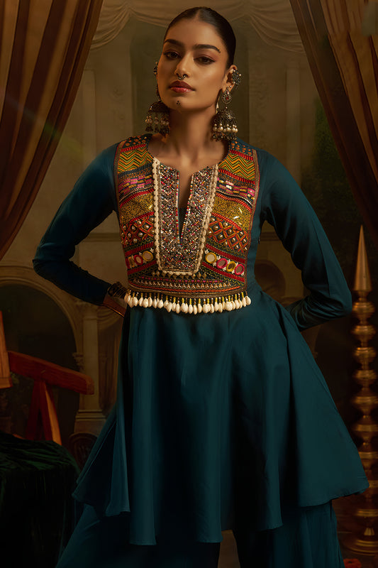 Stylish Teal Blue Cotton Embroidered Sharara Suit with Vibrant Kutchi Yoke and Tassels for Women