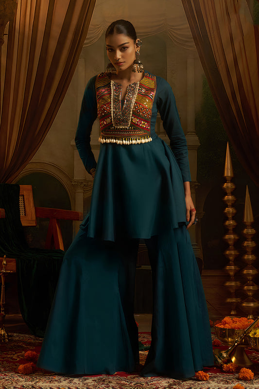 Stylish Teal Blue Cotton Embroidered Sharara Suit with Vibrant Kutchi Yoke and Tassels for Women