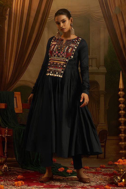 Superb Black Cotton Embroidered Anarkali Suit with Vibrant Kutchi Yoke and Tassels for Women
