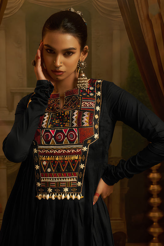 Superb Black Cotton Embroidered Anarkali Suit with Vibrant Kutchi Yoke and Tassels for Women