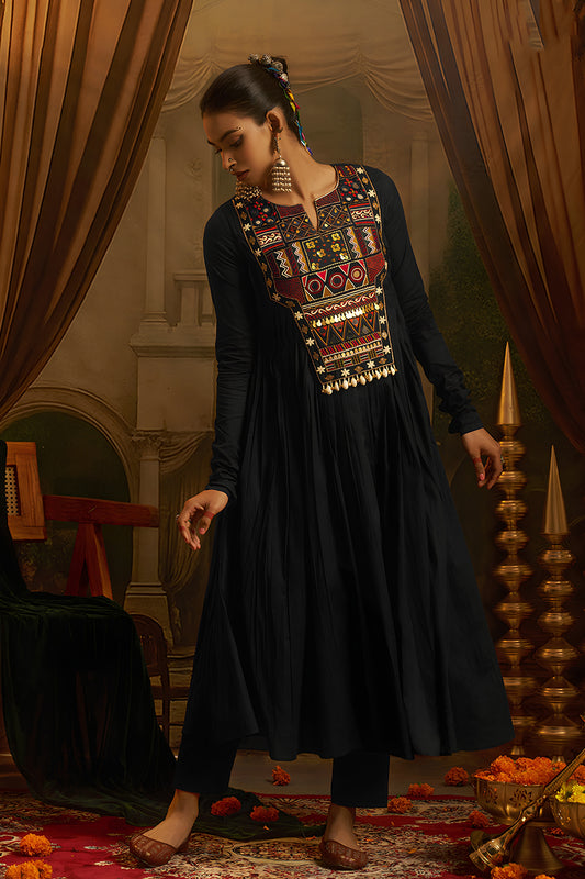 Superb Black Cotton Embroidered Anarkali Suit with Vibrant Kutchi Yoke and Tassels for Women