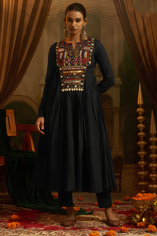 Superb Black Cotton Embroidered Anarkali Suit with Vibrant Kutchi Yoke and Tassels for Women