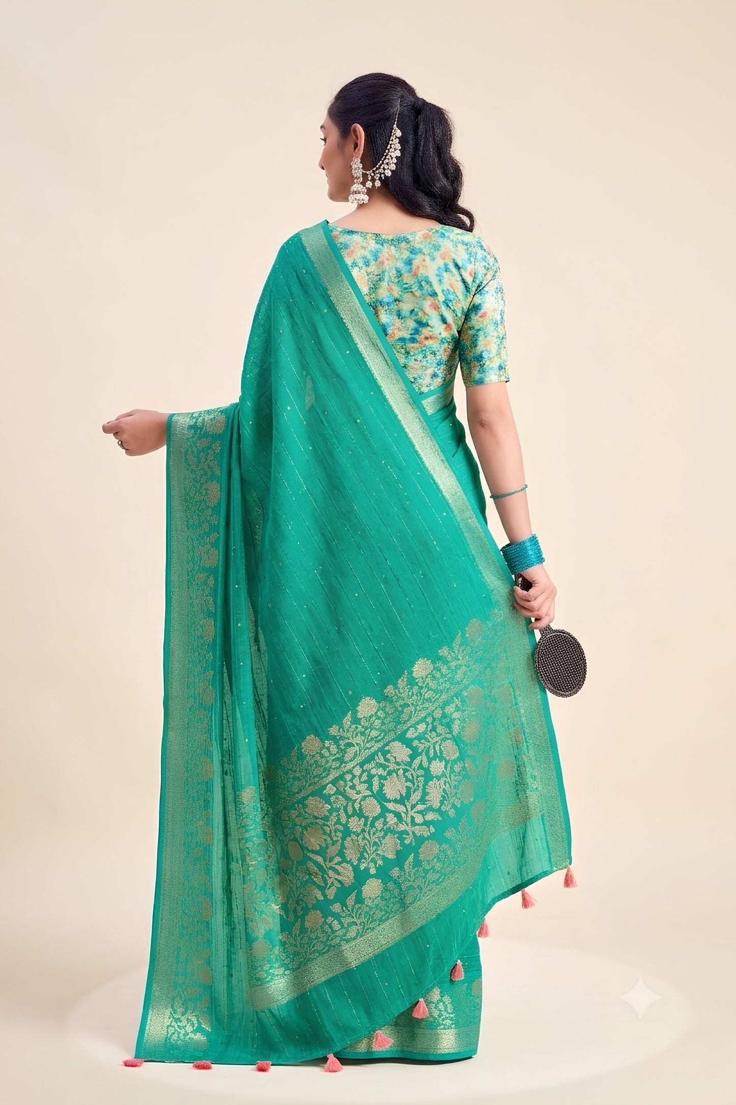 Elegant Teal Green Chiffon Woven Designer Solid Saree for Women