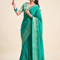 Elegant Teal Green Chiffon Woven Designer Solid Saree for Women