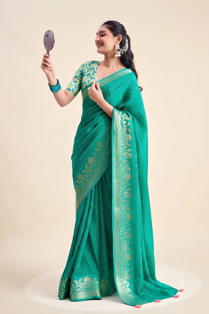 Elegant Teal Green Chiffon Woven Designer Solid Saree for Women
