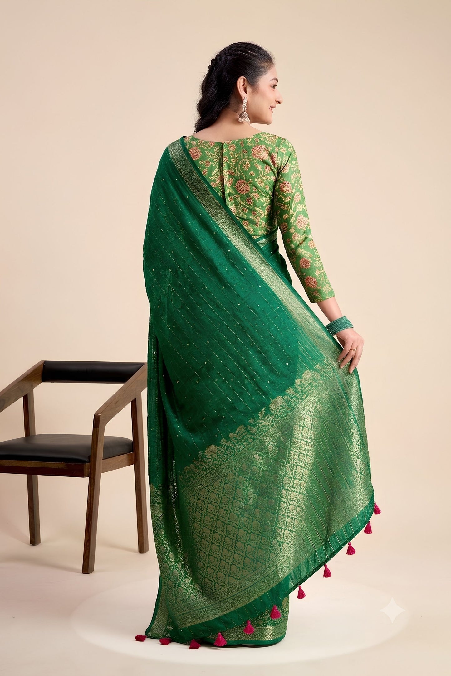 Graceful Green Chiffon Woven Designer Solid Saree Zari Border for Women