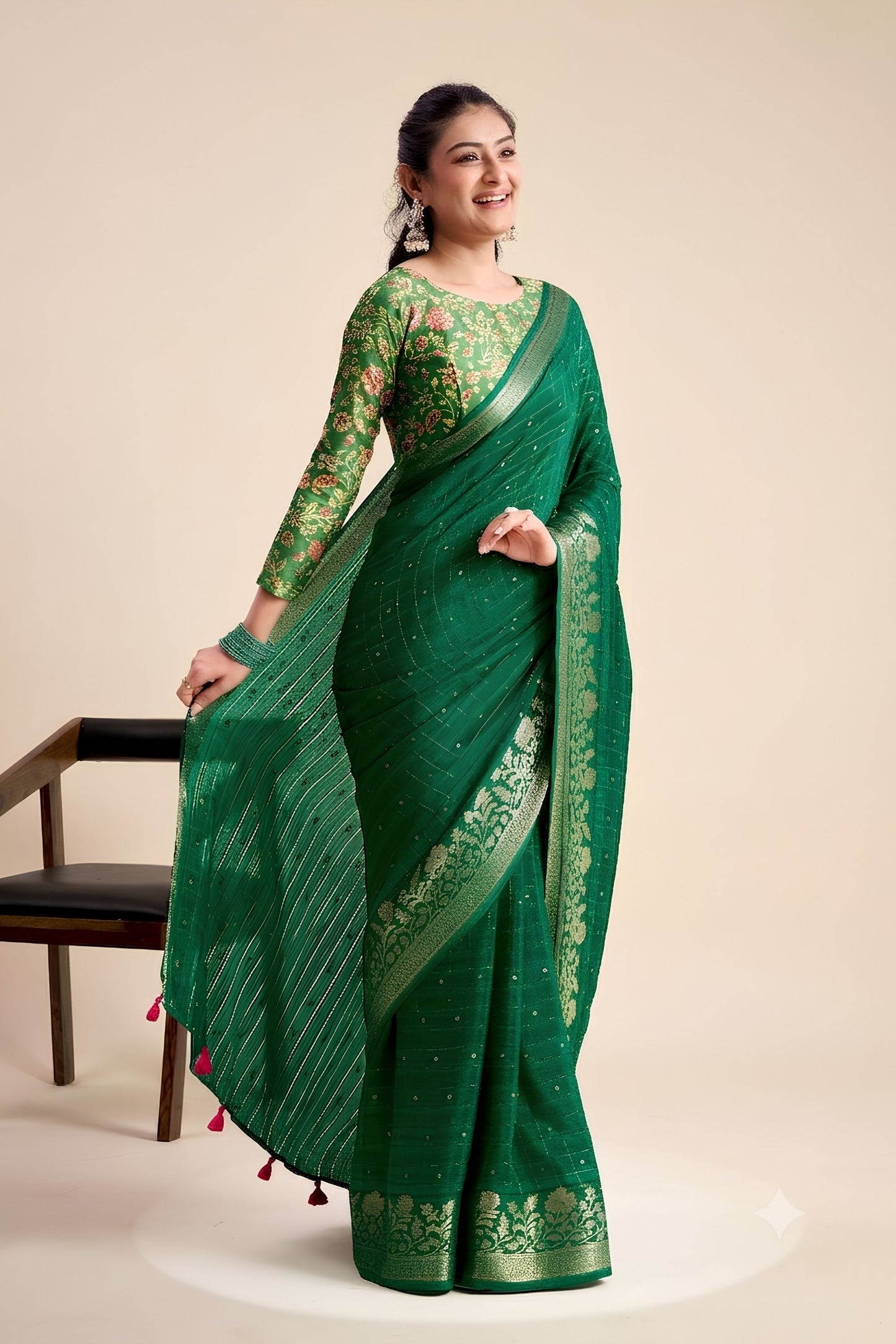 Graceful Green Chiffon Woven Designer Solid Saree Zari Border for Women