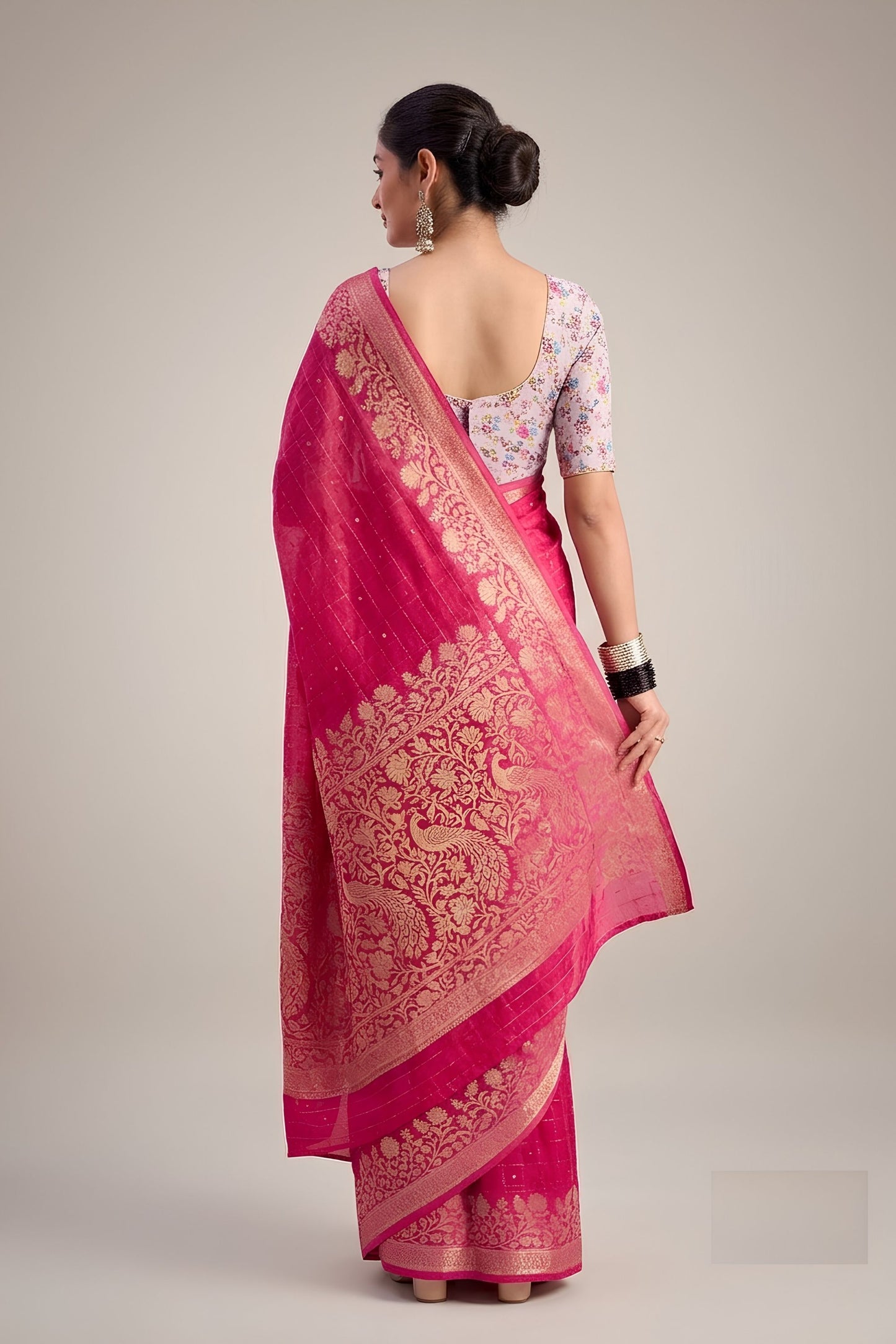Beautiful Rani Pink Woven Designer Saree Zari Floral Border for Women