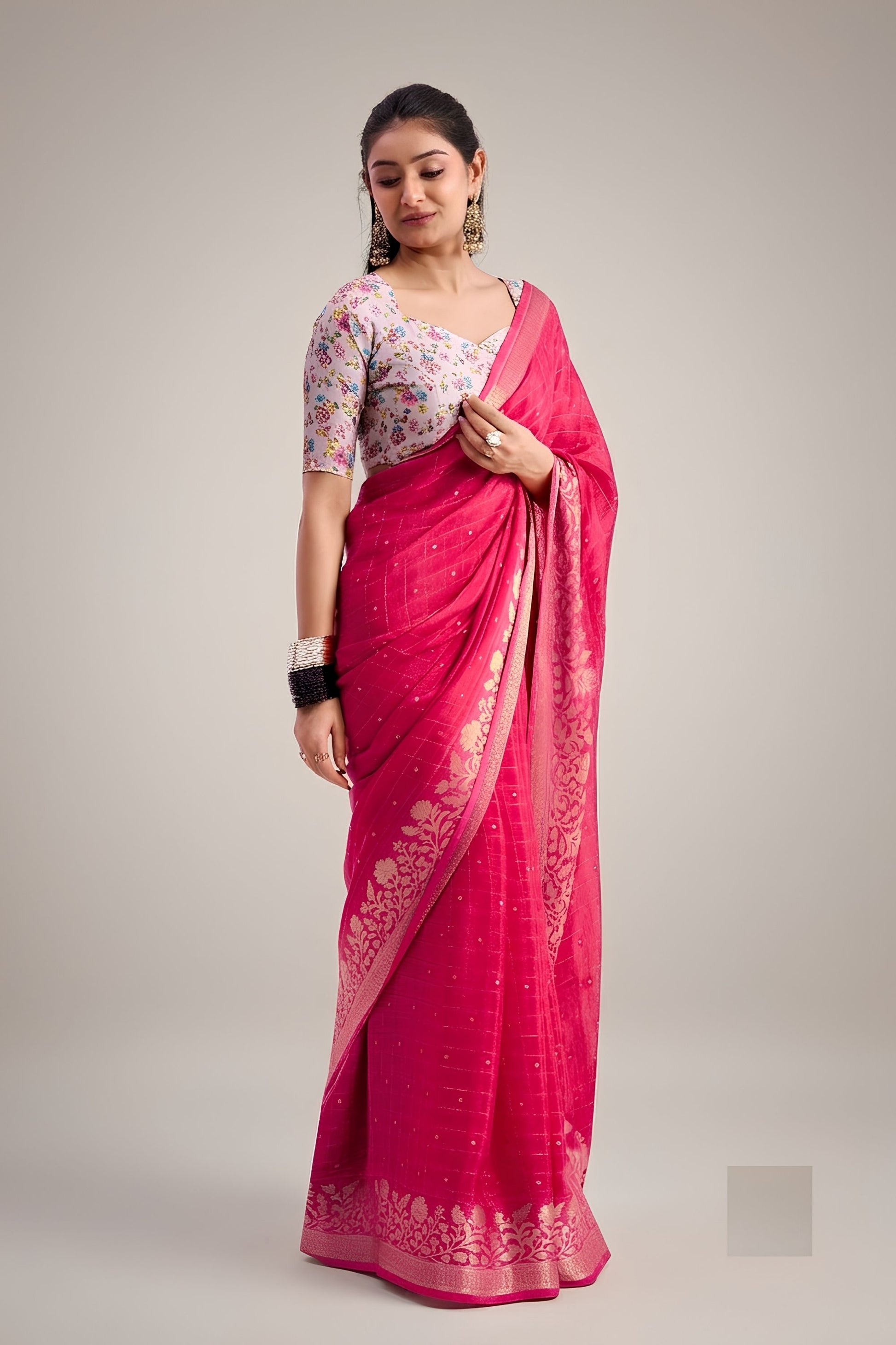 Beautiful Rani Pink Woven Designer Saree Zari Floral Border for Women