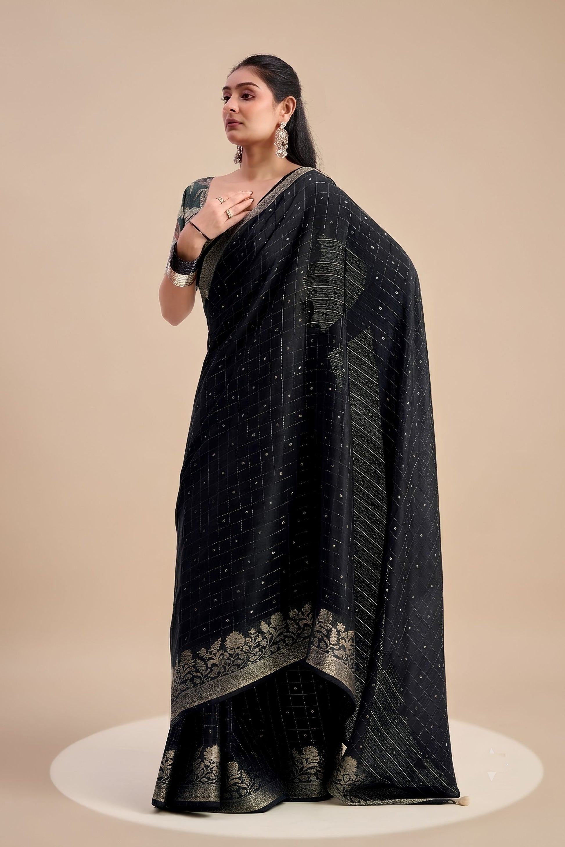 Premium Black Woven Designer Saree Zari Floral Border for Women