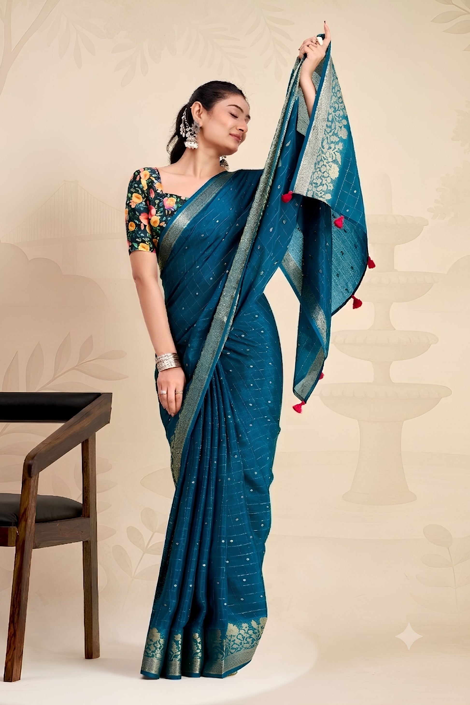 Royal Teal Blue Chiffon Woven Designer Saree with Zari Border for Women