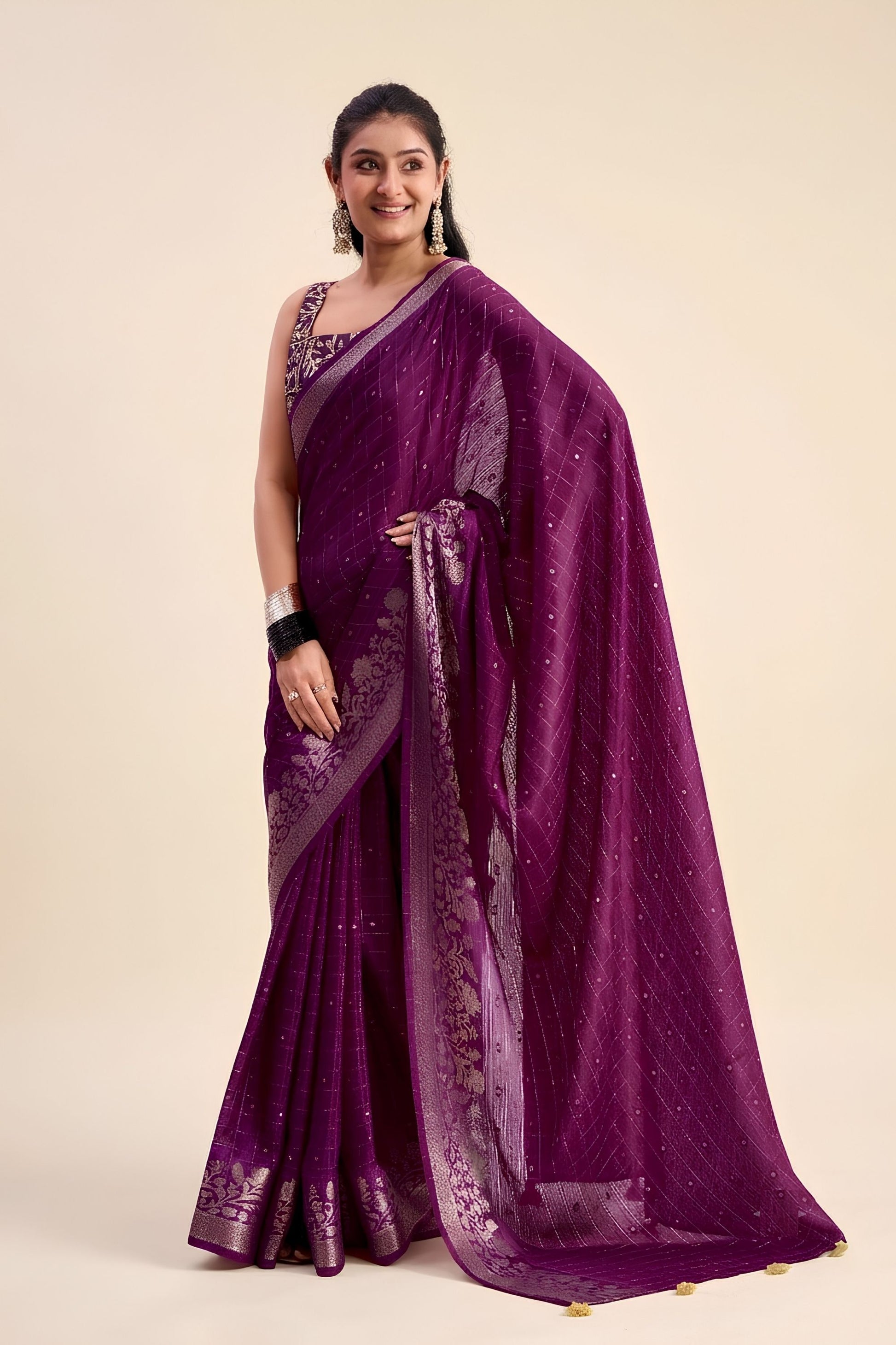 Lovely Wine Purple Chiffon Woven Designer Saree Zari Border for Women