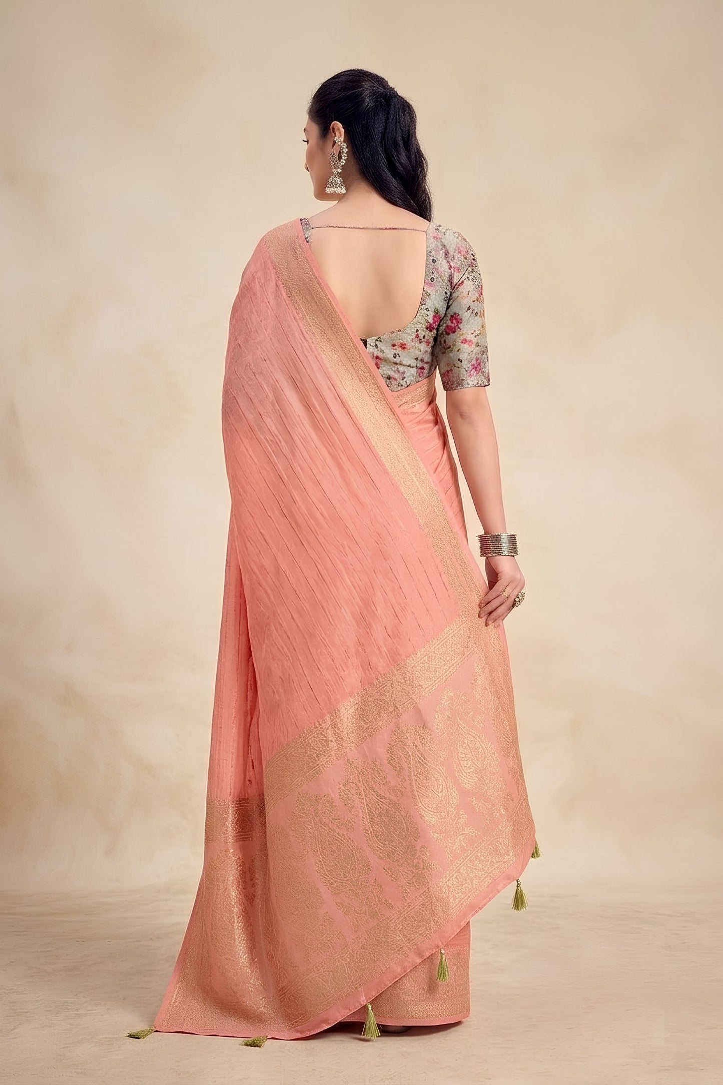 Stylish Peach Chiffon Woven Designer Saree with Zari Border for Women