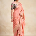 Stylish Peach Chiffon Woven Designer Saree with Zari Border for Women