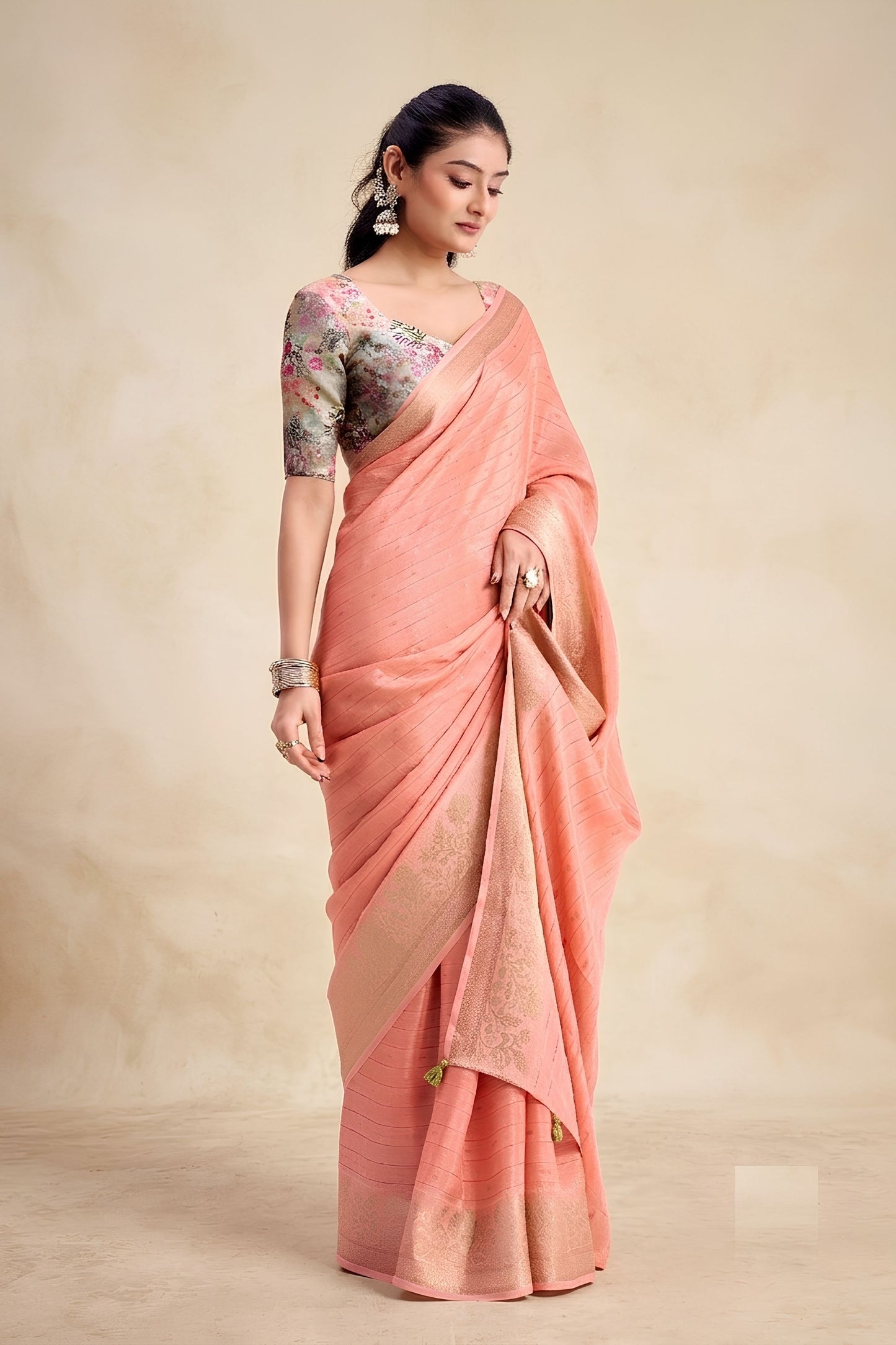 Stylish Peach Chiffon Woven Designer Saree with Zari Border for Women