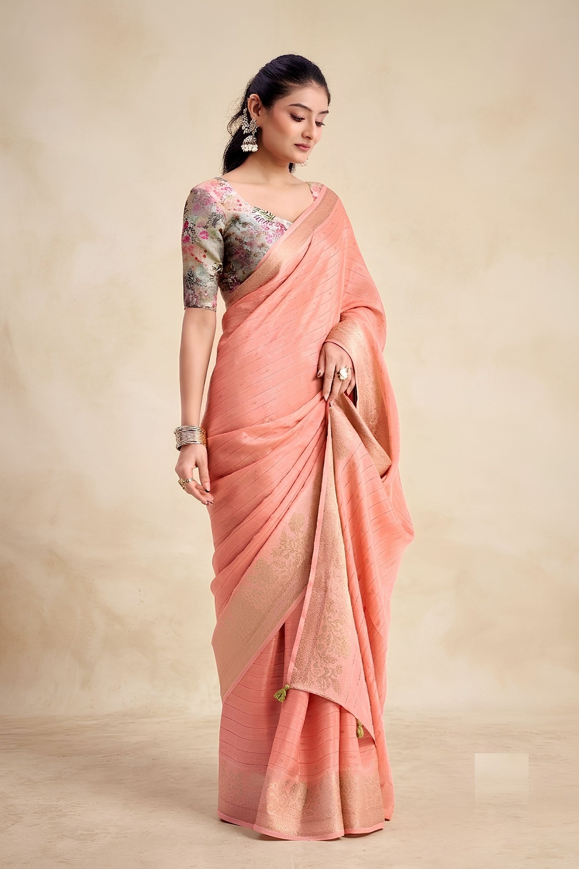 Stylish Peach Chiffon Woven Designer Saree with Zari Border for Women