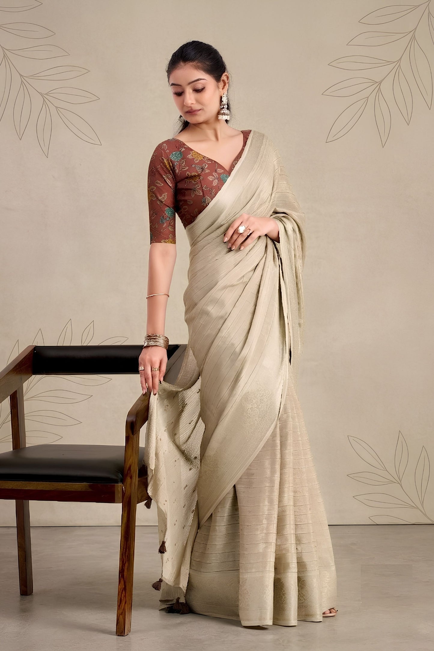 Vibrant Cream Chiffon Woven Designer Saree Zari Border for Women