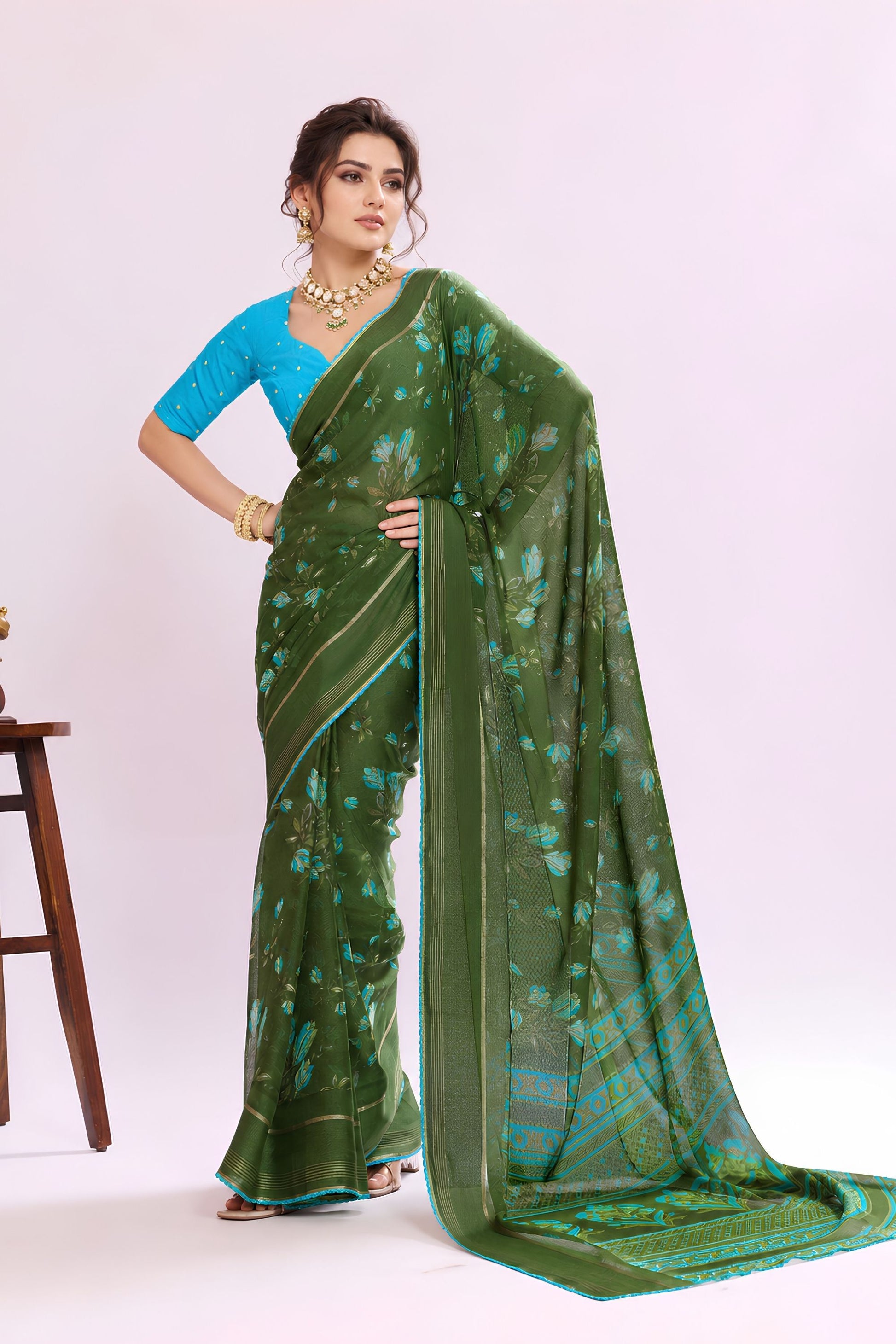 Graceful Olive Green Georgette Designer Printed Saree for Women