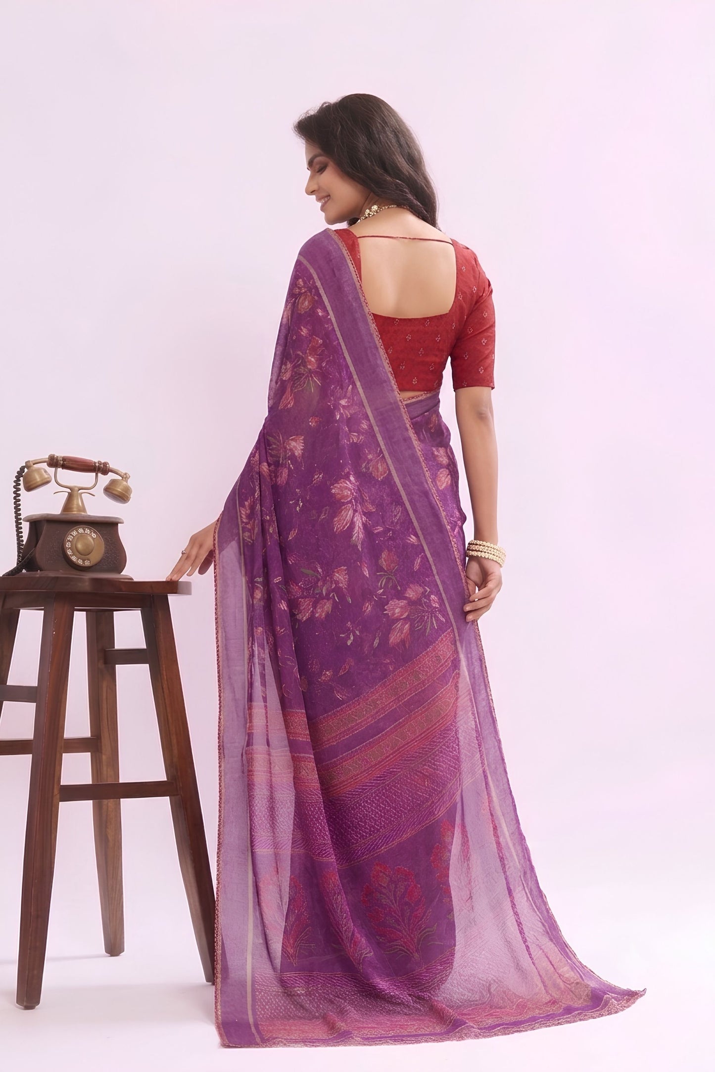 Stylish Purple Georgette Designer Printed Saree Zari Border for Women