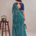 Premium Teal Blue Georgette Designer Printed Saree Zari Border for Women