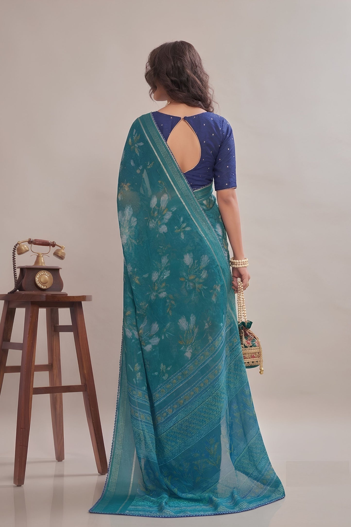 Premium Teal Blue Georgette Designer Printed Saree Zari Border for Women