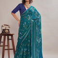 Premium Teal Blue Georgette Designer Printed Saree Zari Border for Women