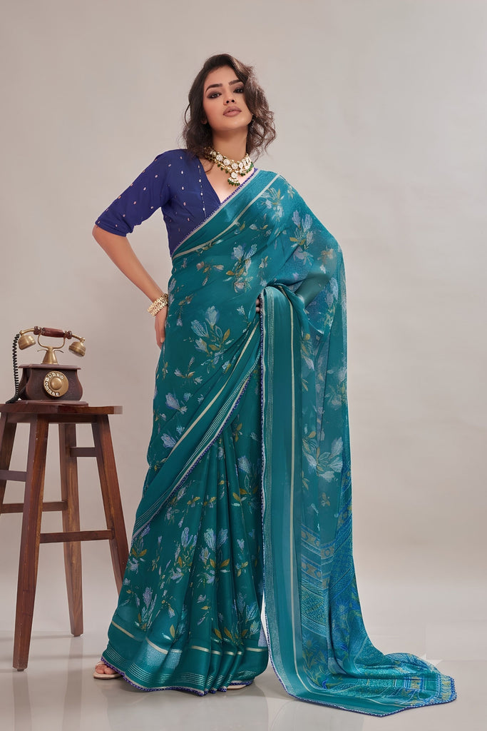 Premium Teal Blue Georgette Designer Printed Saree Zari Border for Women