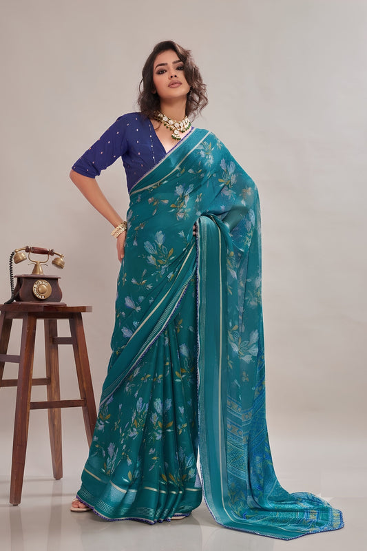 Premium Teal Blue Georgette Designer Printed Saree Zari Border for Women