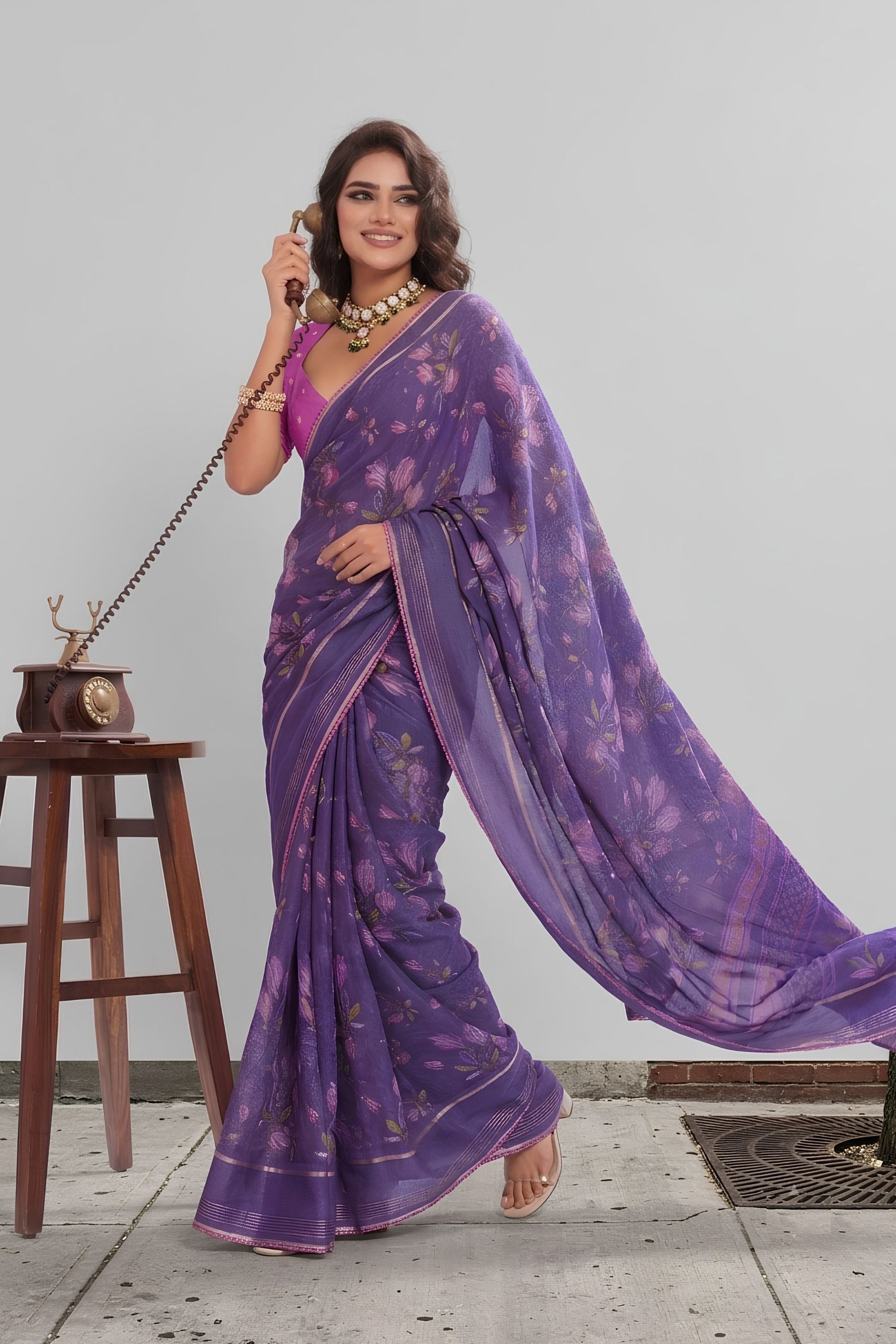Grateful Purple Georgette Designer Printed Saree Zari Border for Women