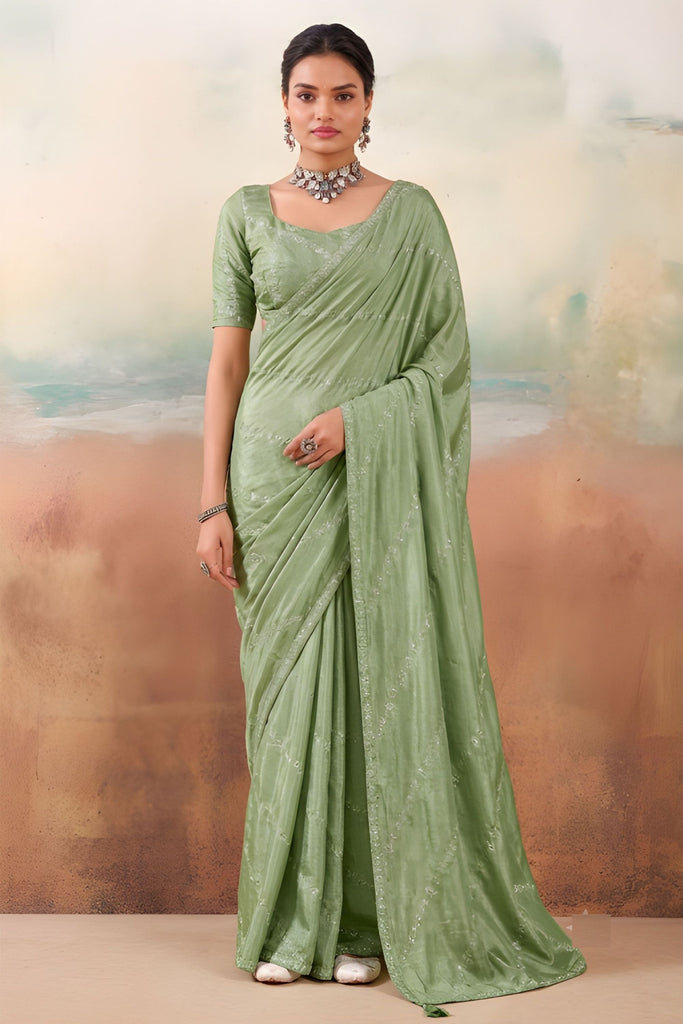 Grateful Sea Green Chiffon Saree Embroidery Work for Women