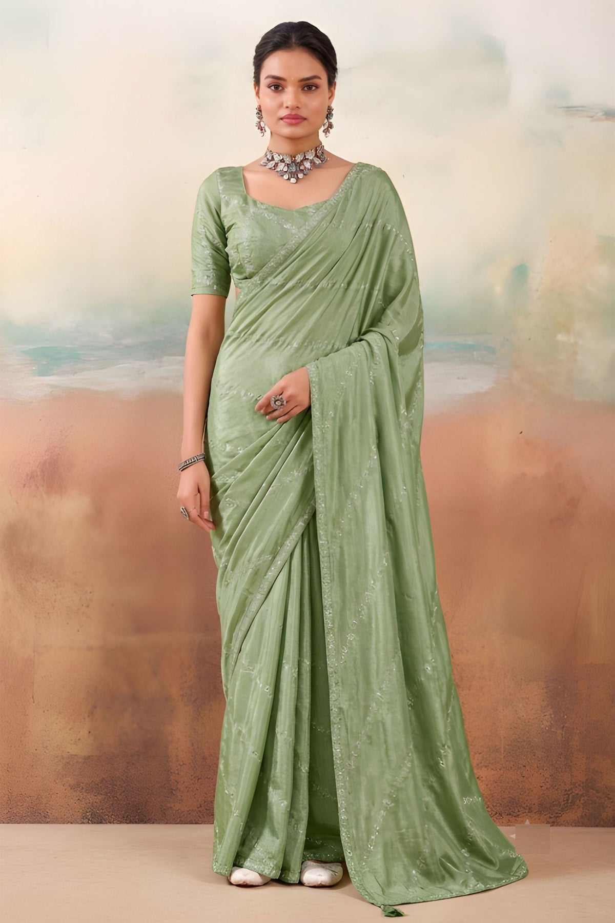 Grateful Sea Green Chiffon Saree Embroidery Work for Women