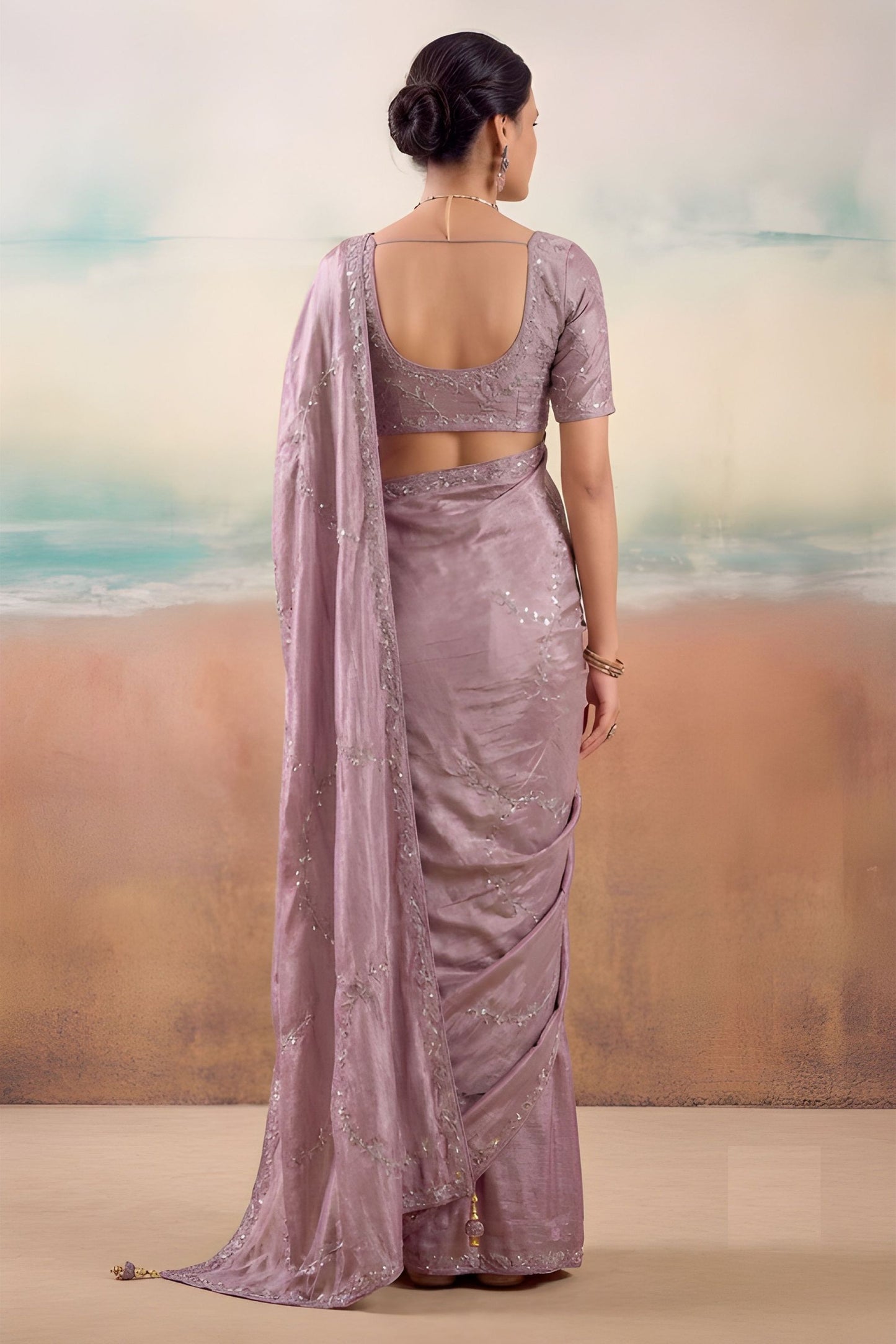 Stylish Mauve Purple Chiffon Saree Embroidery Work for Women