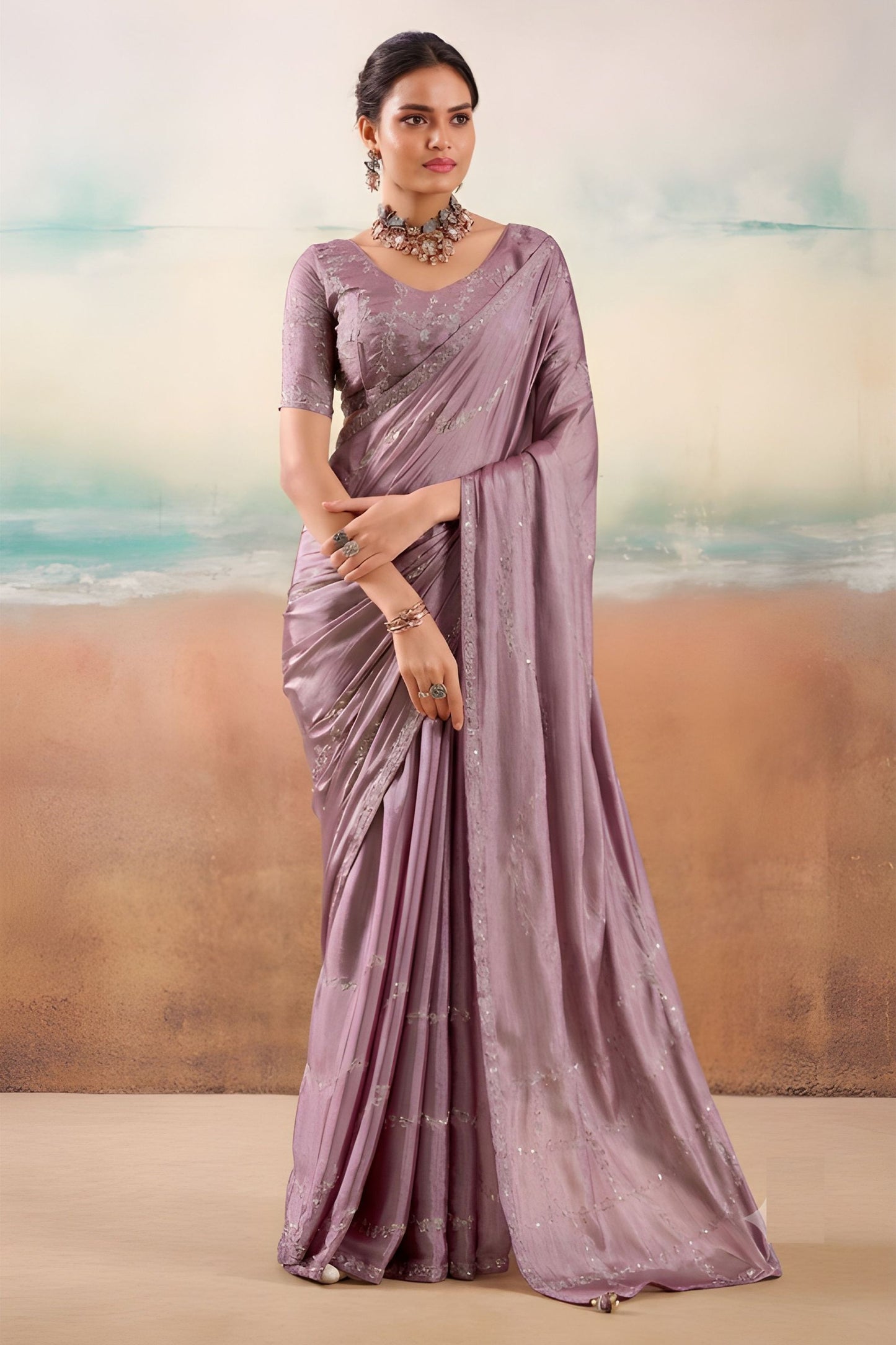 Stylish Mauve Purple Chiffon Saree Embroidery Work for Women